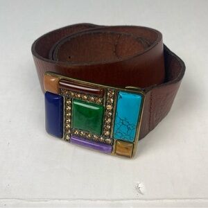 Fossil Women’s Medium Belt Brown Leather Multicolor Gemstone Rhinestone Western